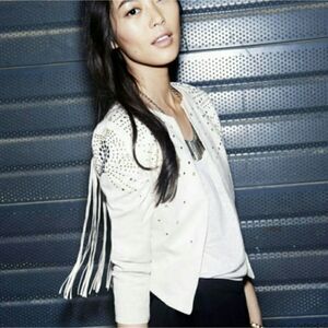 H&M H & M ICONS IVORY WHITE FRINGE JACKET FAUX SUEDE SIZE 14 RARE HTF LN